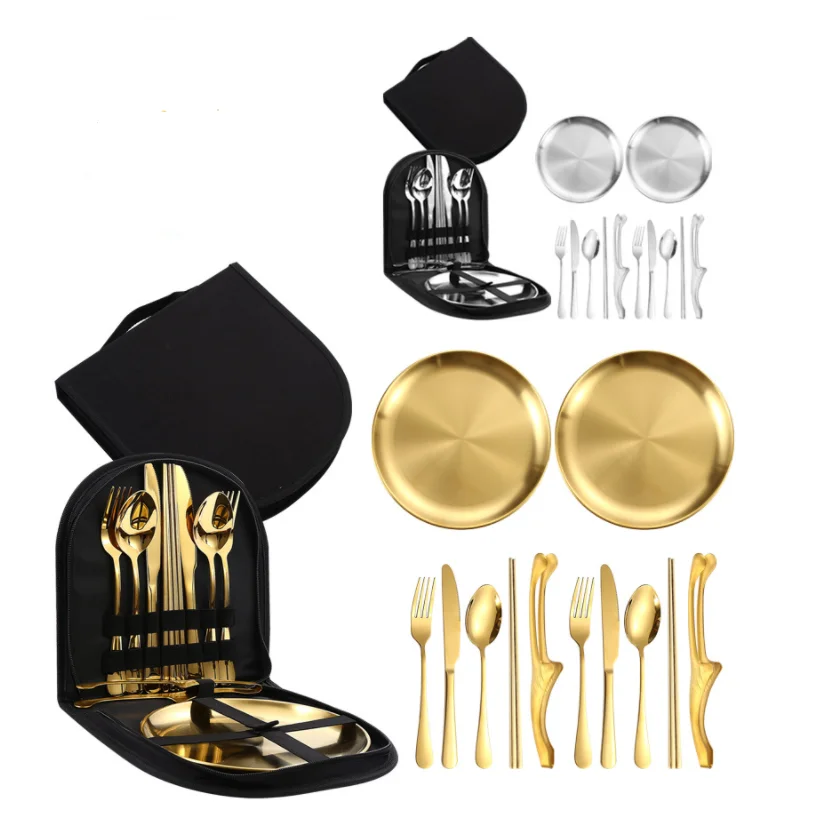 Travel Silverware Set Spoon Fork Knife Plate for 2 People Camping Utensils for Eating Portable Cutlery Set