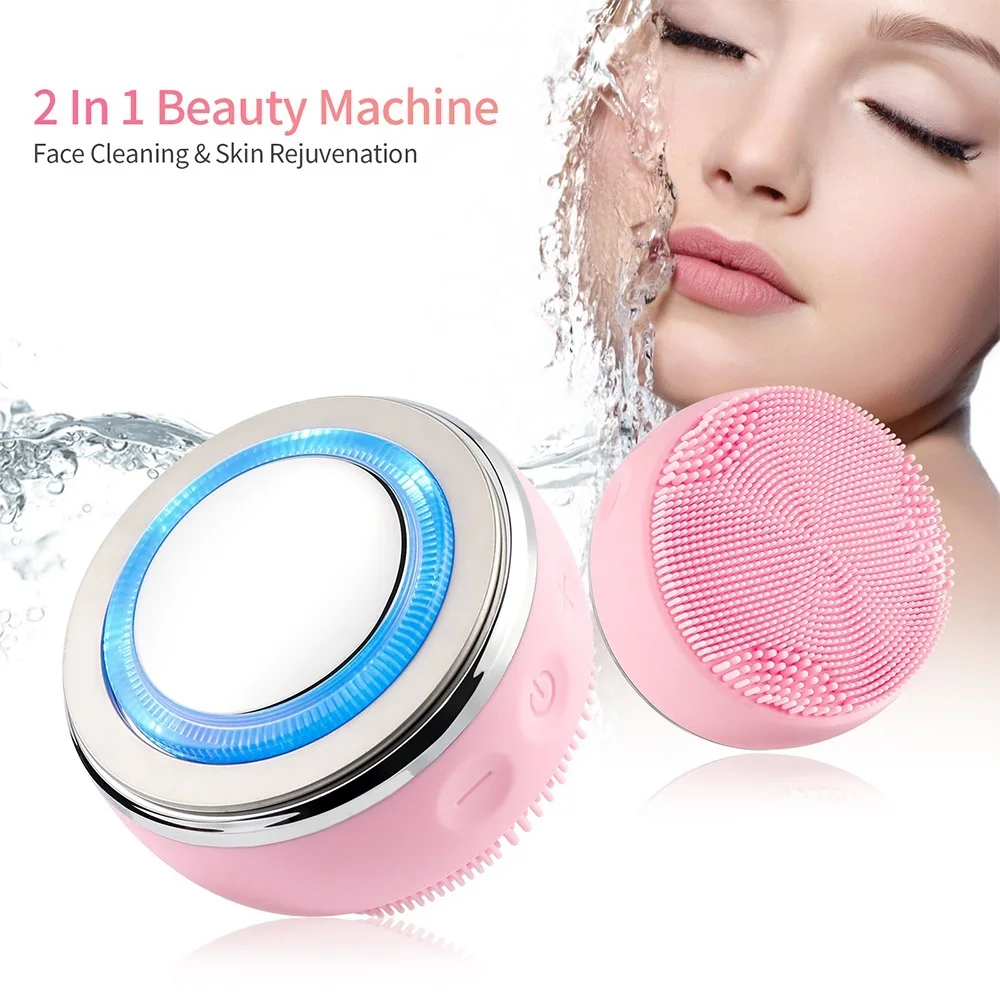 4 LED Color Light Skin Care EMS Vibration Exfoliate Sonic Silicone Facial Cleansing Brush