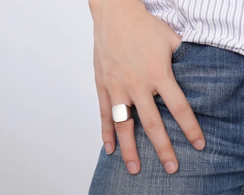 Custom Gold Silver Black Stainless Steel Plain Finger Jewelry Titanium Steel Mens Rectangle Signet Blank Rings