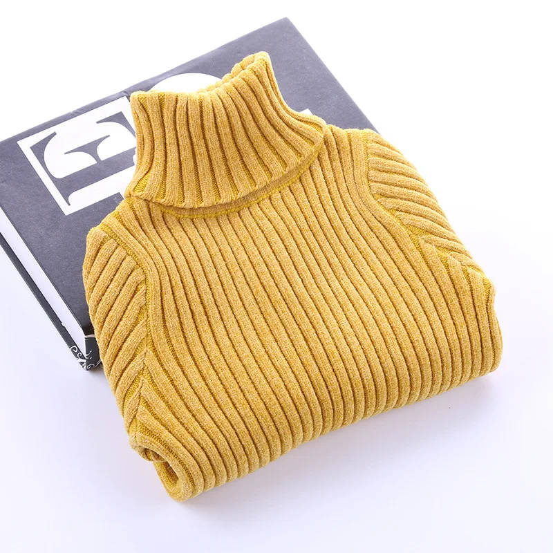 Autumn Winter Thick Chunky Unisex Simple Design Solid Color Blank Knitted Striped Rib Girls Boys Children Kid Turtleneck Sweater