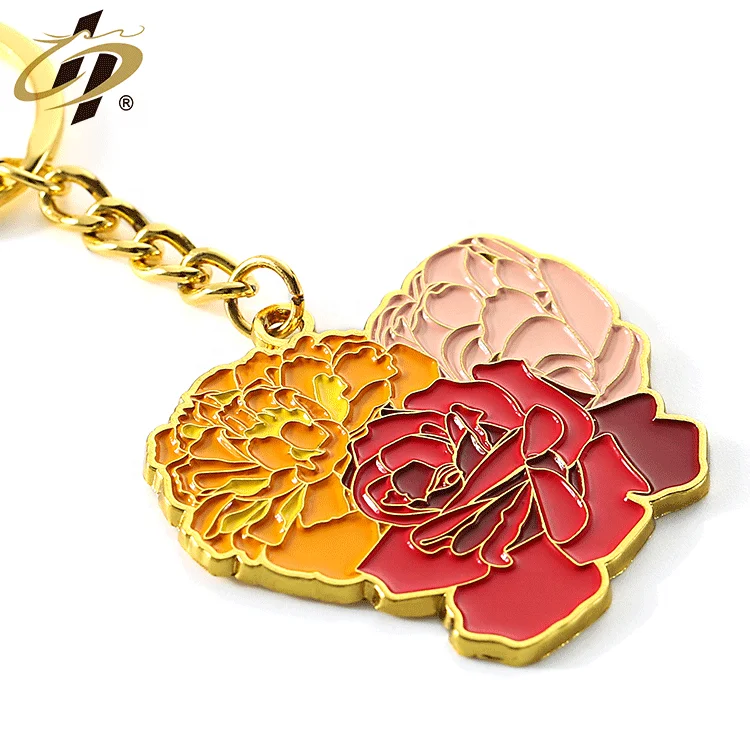 New selected factory quality gold plated soft enamel keyring custom cute flower metal keychains with logo