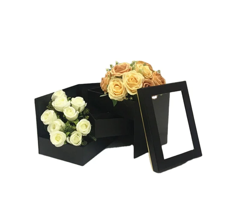 Spot rectangular three-layer rotating gift box PVC window transparent flower box with hand flowers gift box