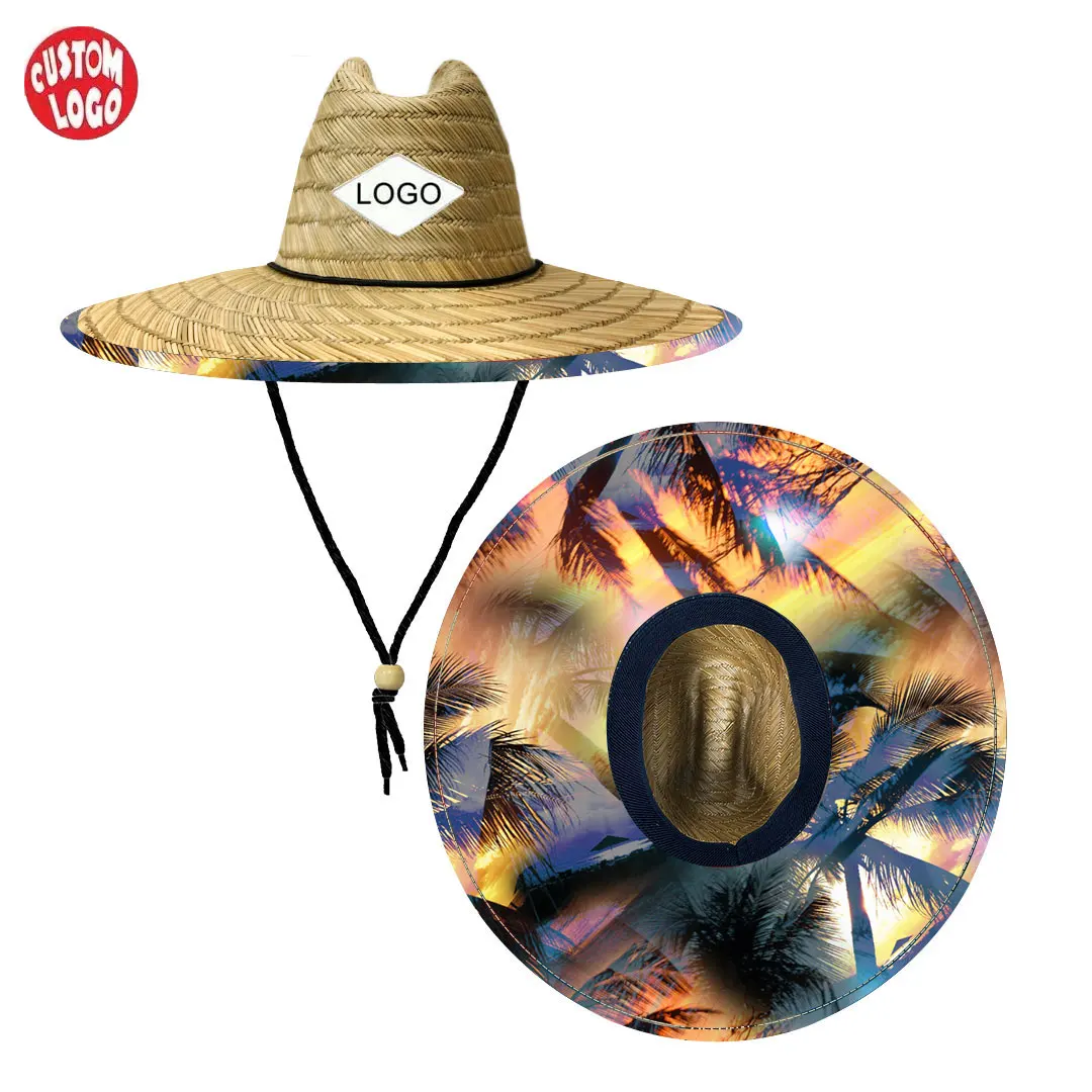 Custom Logo Patch Surf Safari Flag Straw Hat Lifeguard Sun-proof Straw Beach Hat with Big Brim