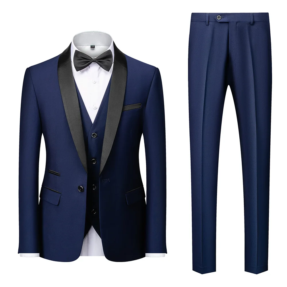 High Quality Men Suit 3 Pieces Set Wedding Elegant Blazers Shawl Collar Luxury Jacket Pants Vest Formal Coat Skinny Dress