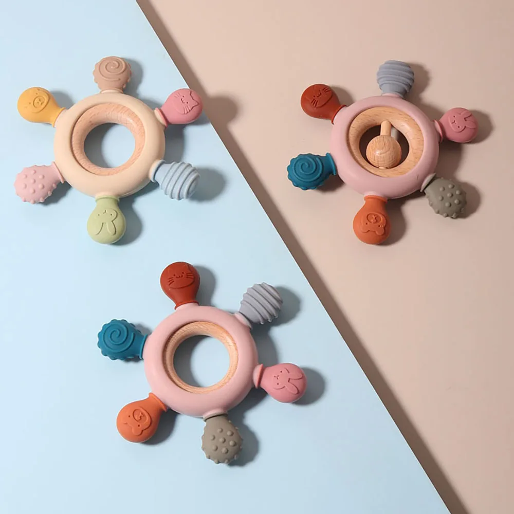 Beech Wood Ring Food-grade Baby Silicone Teether Chewed Baby Rattle Toy Shaking infant teething 3 to 6 month chewable