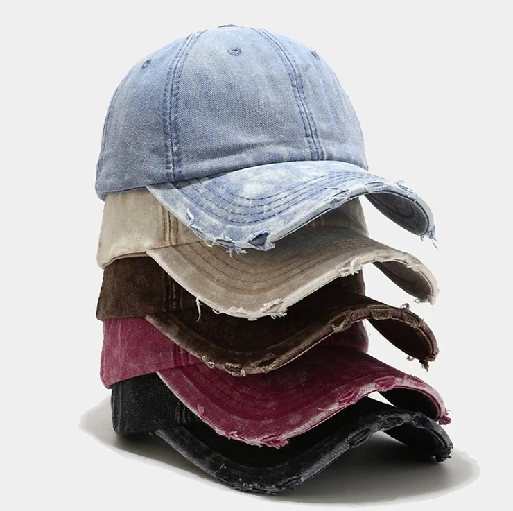Wholesale running hat sport fashion ins baseball cap high quality vintage ripped denim dad hat with custom logo