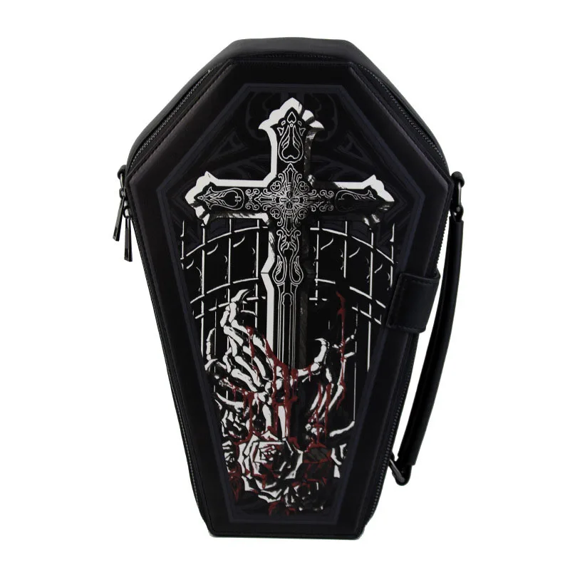 Gothic coffin shaped handbag Vegan  PU leather print backpack Goth cross body bag custom