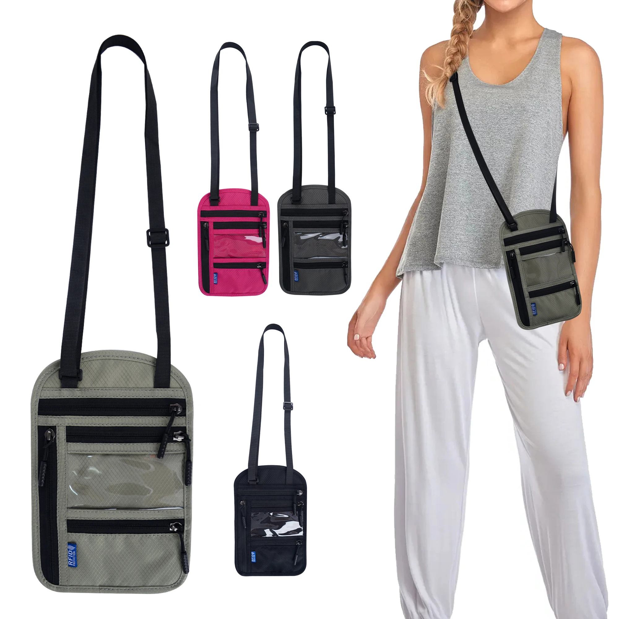 Men Women Document  Ticket Card Coin Storage Bags Travel Nylon RFID Neck Wallet Pouch Passport Holder Belt Organizer