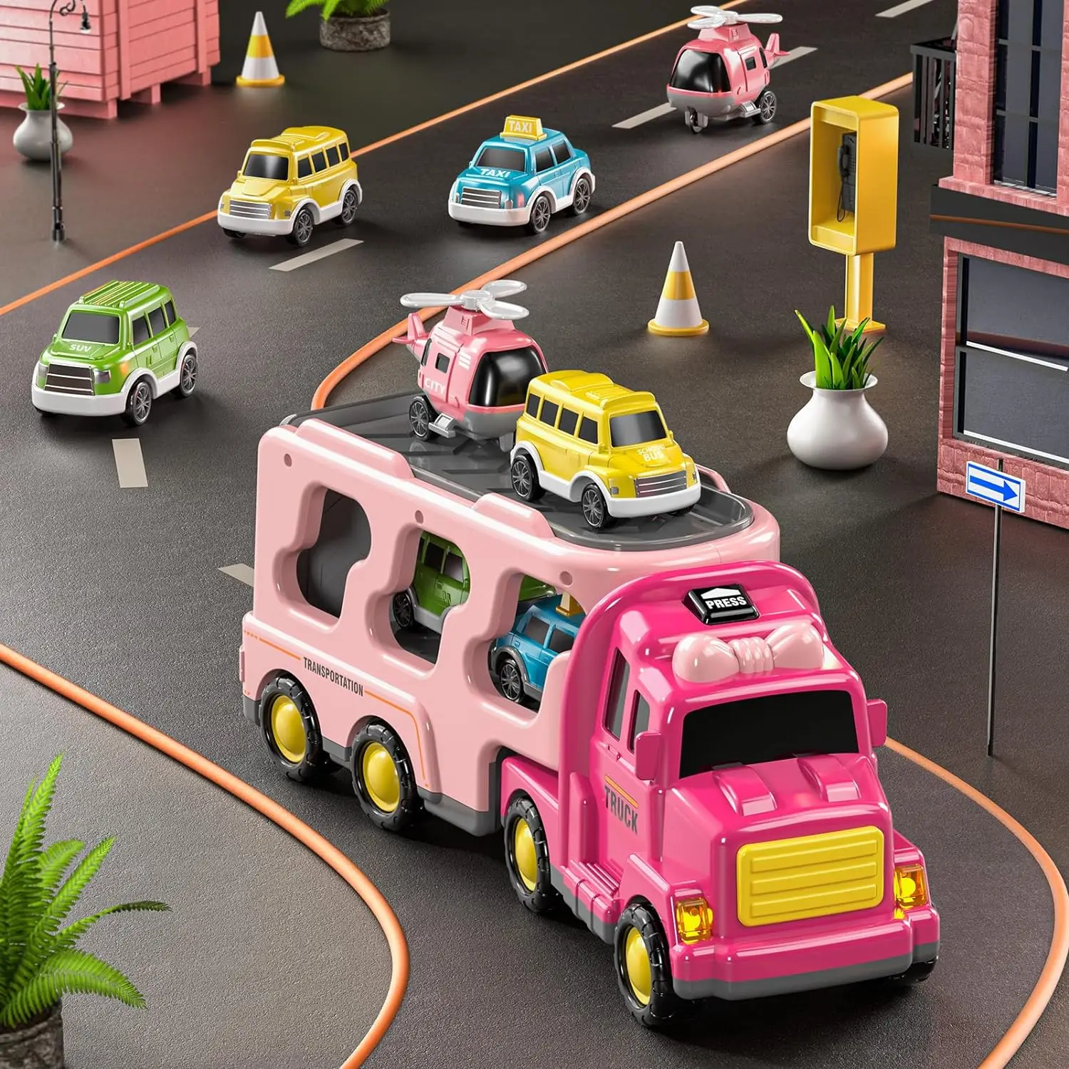 TEMI Truck Toys for 7 8 9 10 Year Old Girls, 5-in-1 Friction Power Vehicle Car Toy for Toddlers 3-6,  Christmas Birthday Gifts