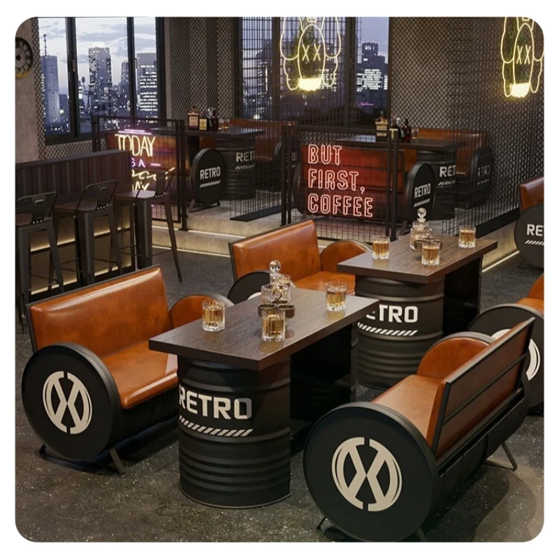 customizable color fabric leather industrial style creative  store clear bar KTV iron combination oil drum sofa