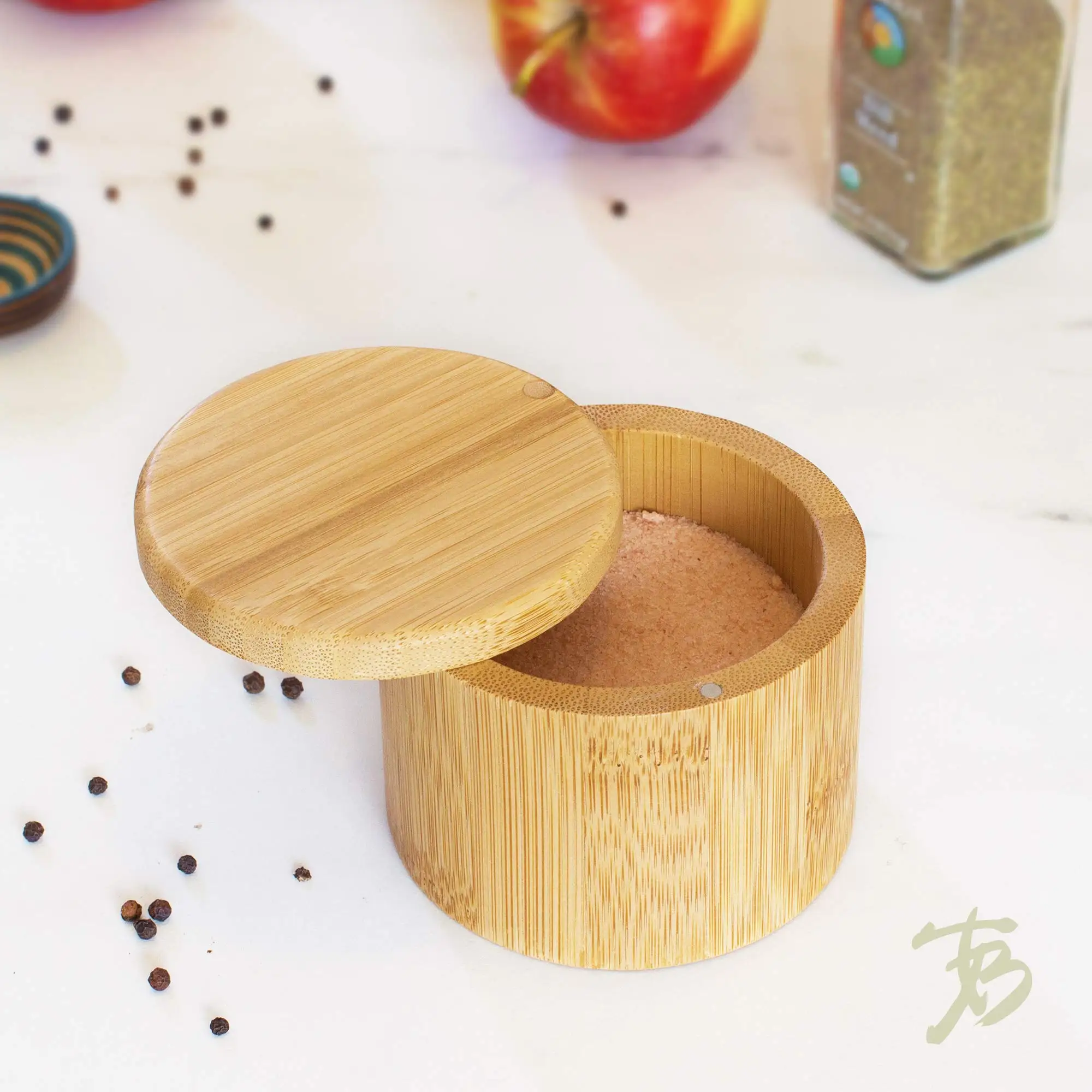 Bamboo Storage box Salt Cellar Round Spice Box Container with Swivel Magnetic lid 6 ounces