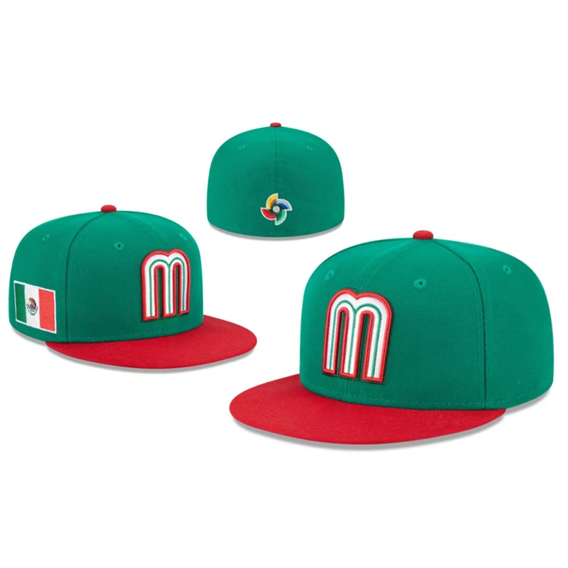 Mexico Cap 3D Embroidered Logo Polyester New E Custom Close Cap Flat Baseball Brim Fitted Caps For Men