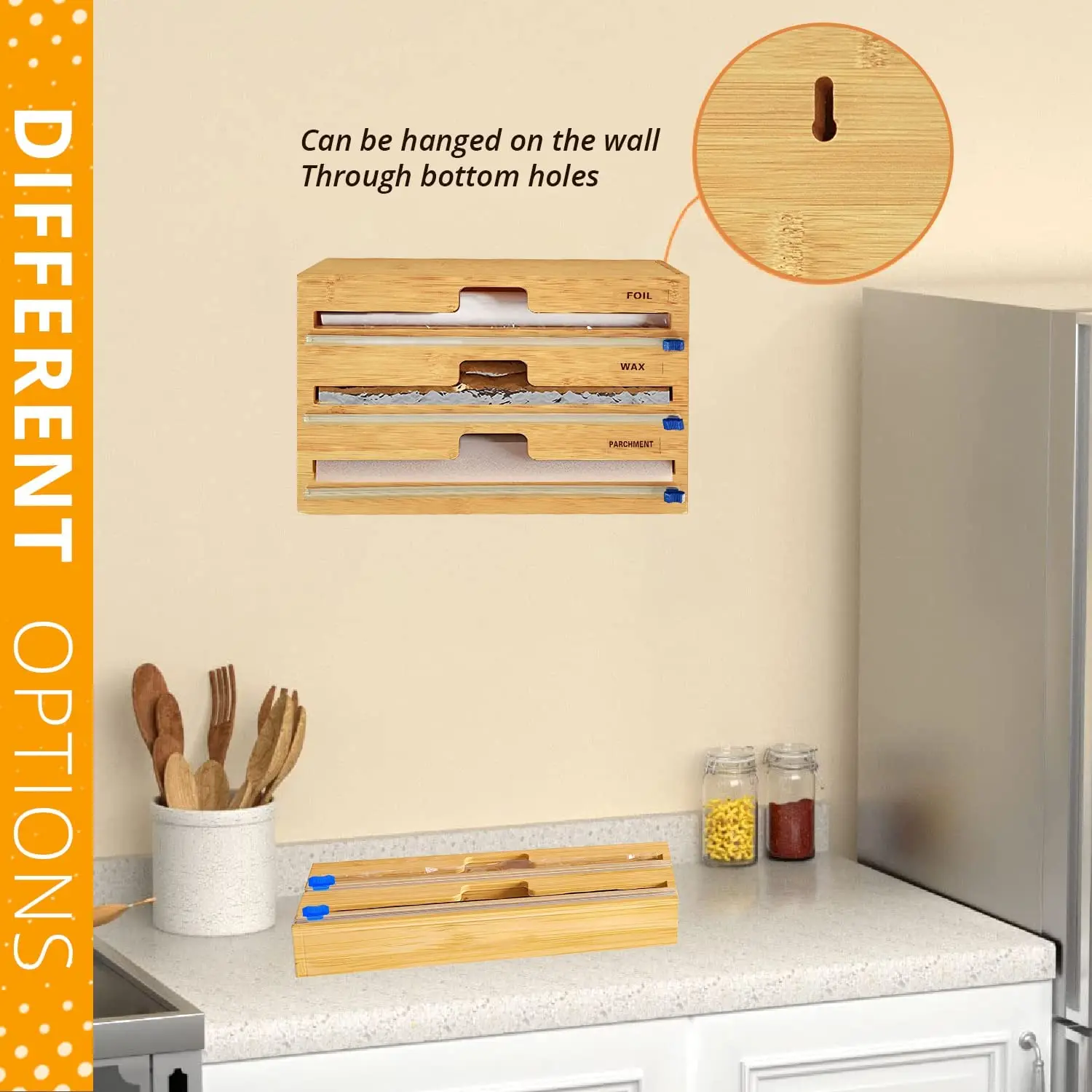 Multifunction Paper Tin Foil Cutter Dispenser 3 In 1roll Plastic Cling Bamboo Wall Mounted Wrap Dispenser Organizer