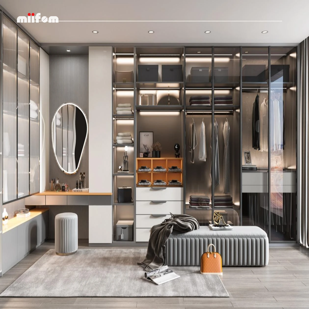 Grey Paired Orange White Contemporary Popular Wardrobes Closet with Sensor Lights