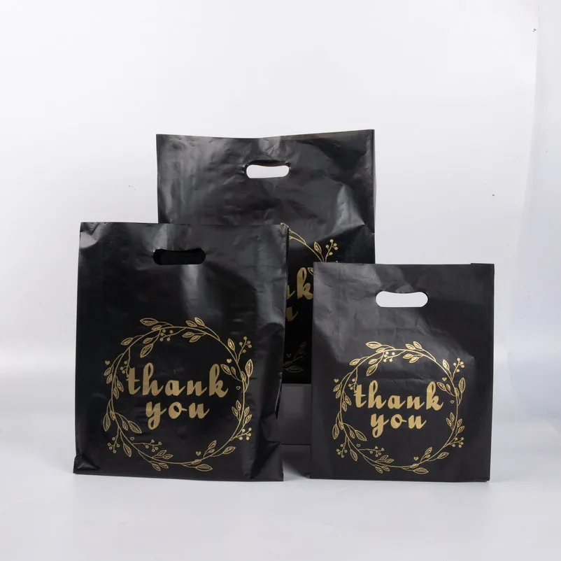 Custom Printed Logo Plastic Bag Personalized HDPE LDPE Black Thank You Die Cut Plastic Shopping Bag With Handle