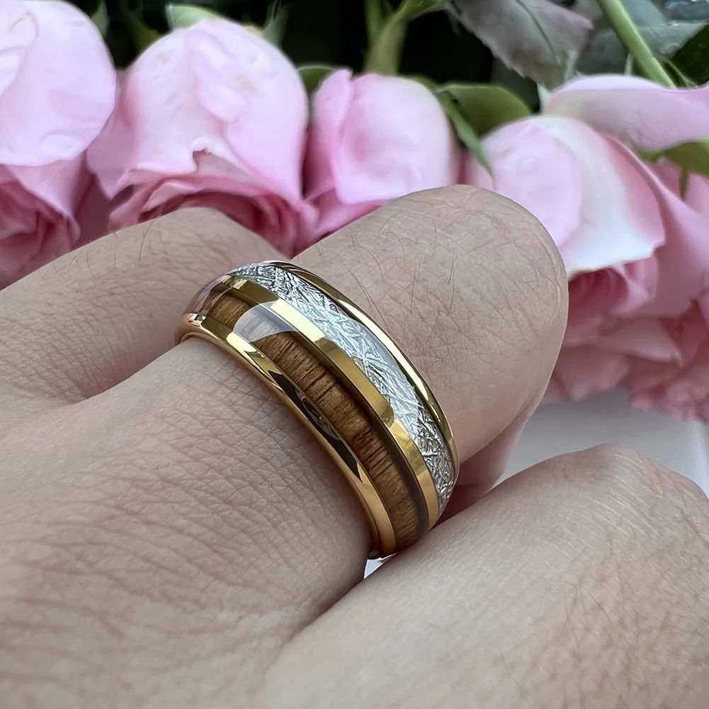 Coolstyle Jewelry 8mm Wholesale Koa Wood Meteorite Inlay Rose Gold Tungsten Ring for Men Women Fashion Engagement Wedding Band