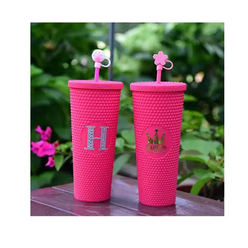 710 мл двухслойные многоразовые матовые розовые стаканы с шипами, пластиковые стаканы с соломой и крышкой