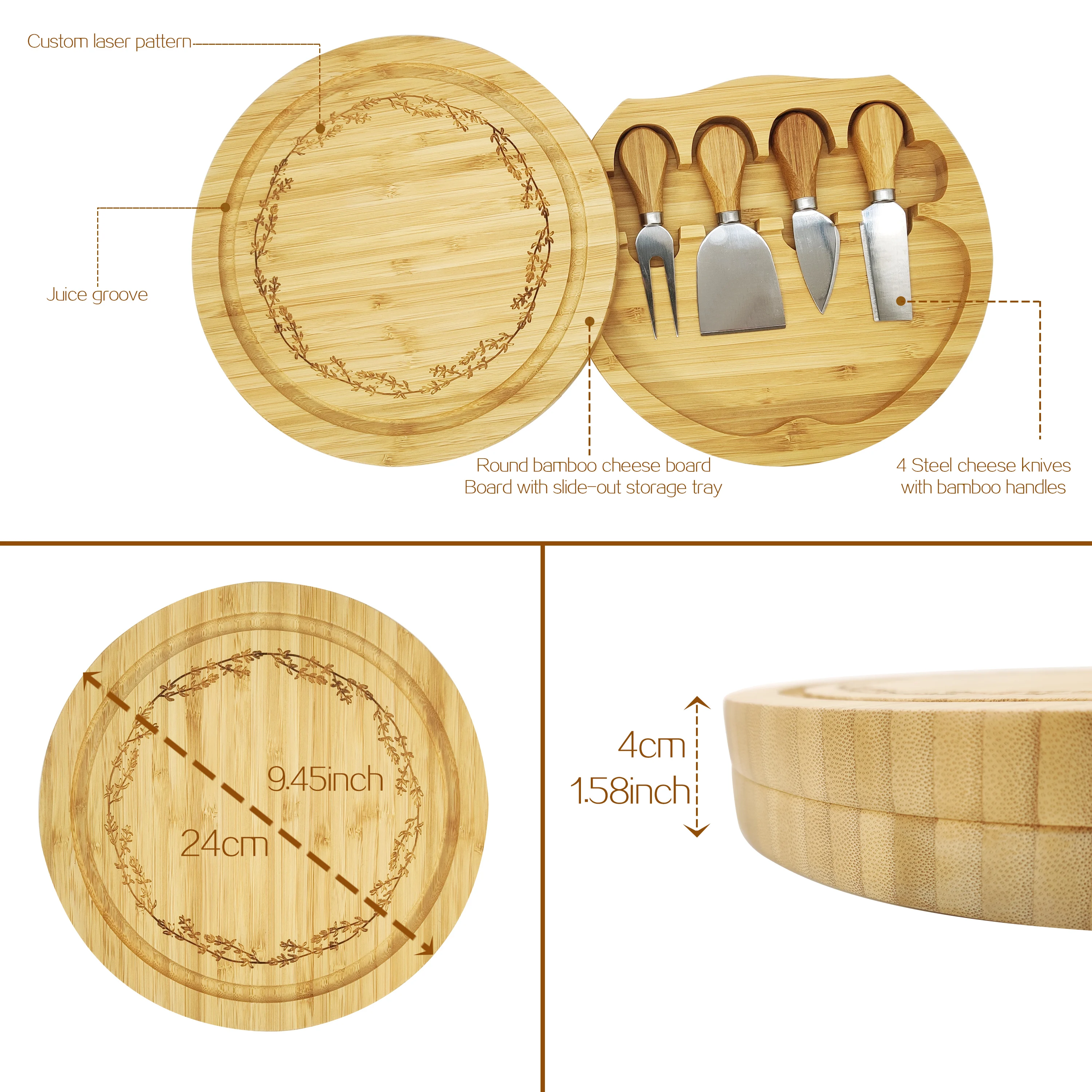 Family parties, picnic camps Cutting board Bamboo Cheese board and knife set With tray