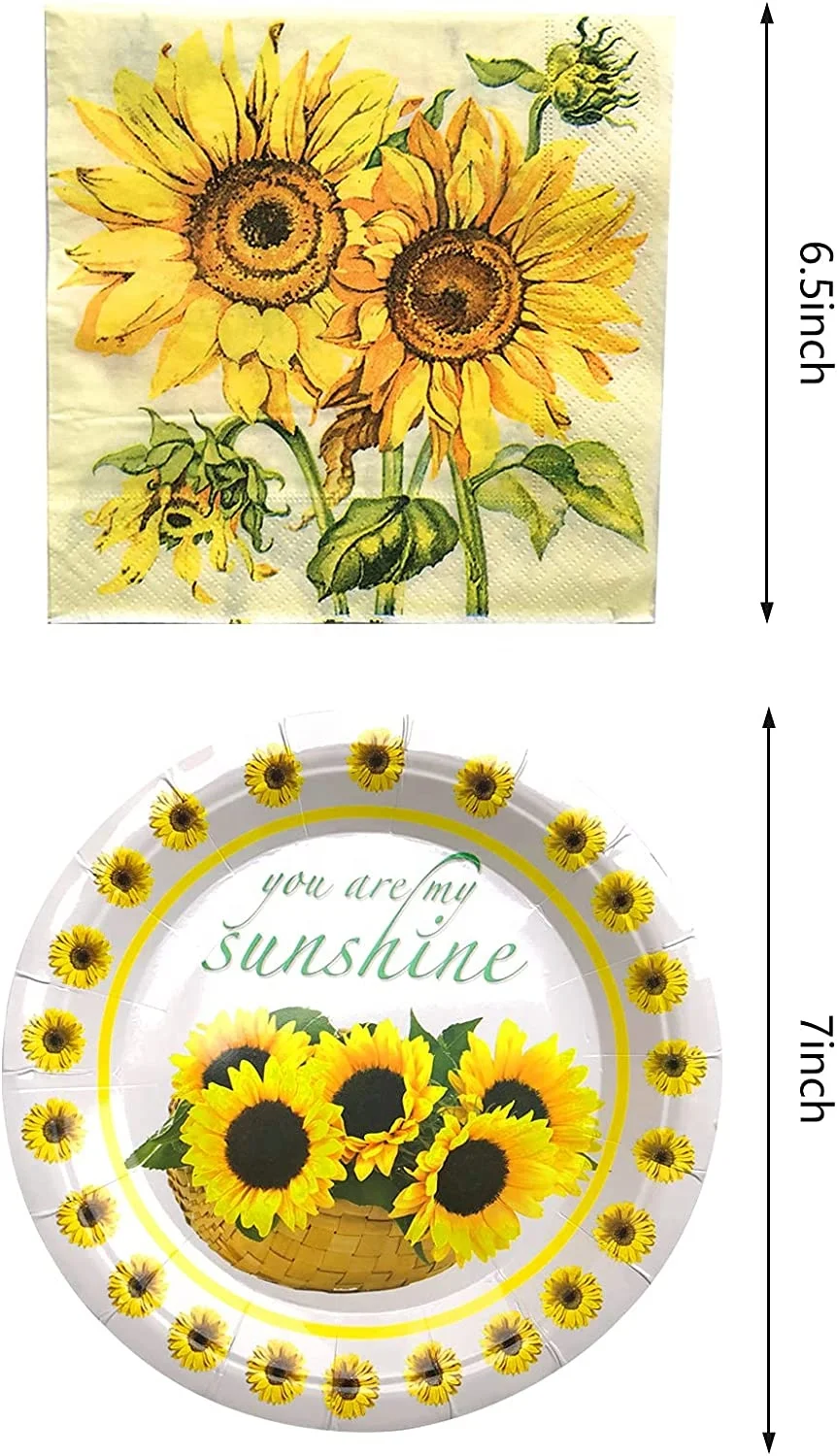 Amazon Hot Selling Sunflowers Theme Party Favorites Supplies Sunflower Tableware Paper Cup Plates For Party Decor