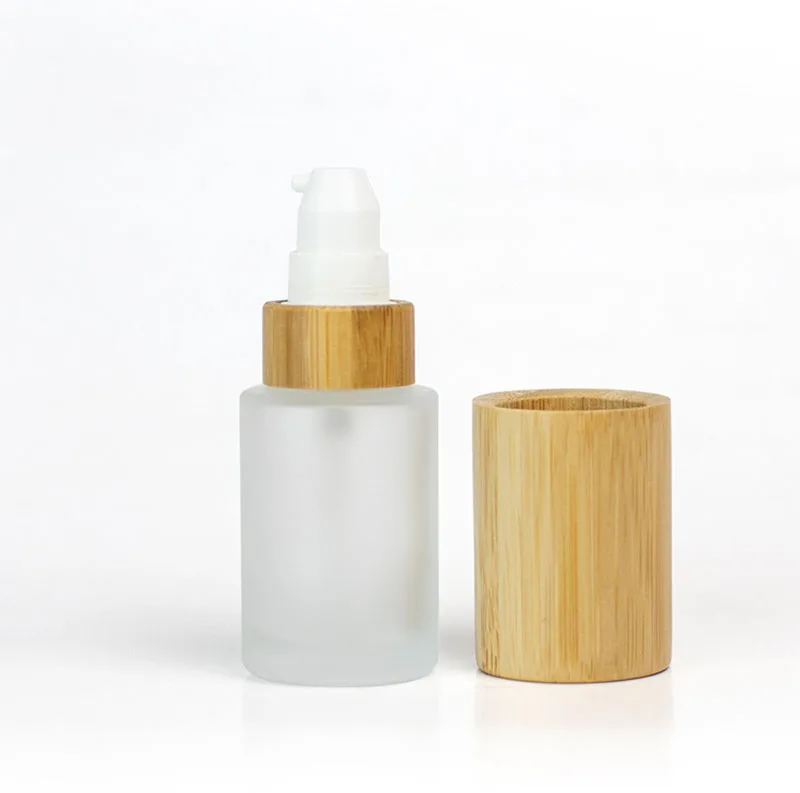 Customized Frosted Spray Bottle And Jar Bamboo Top Glass Cosmetic  Bottle With Bamboo Lid G21-013