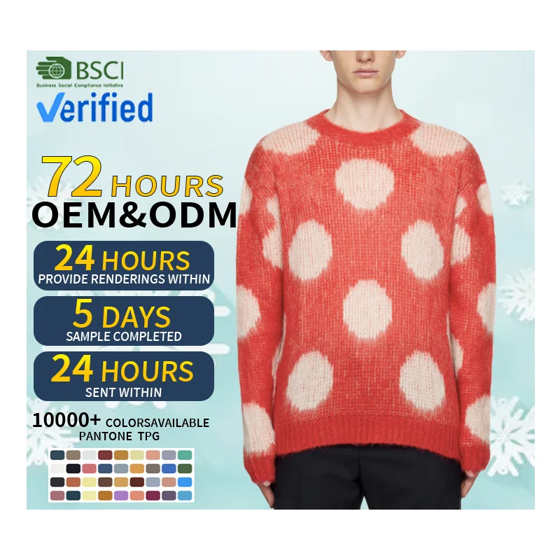 Senior custom men fashion designer crew neck polka dot pattern jacquard mohair polyamide knit pulloer sweater men