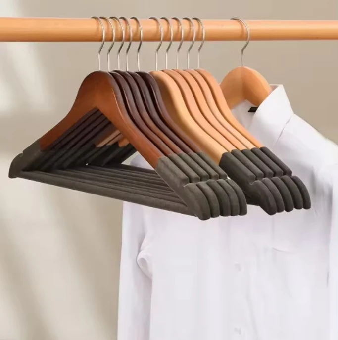 Hot sale natural solid wood hanger non slip flock shoulder wooden coat hanger for clothing garments