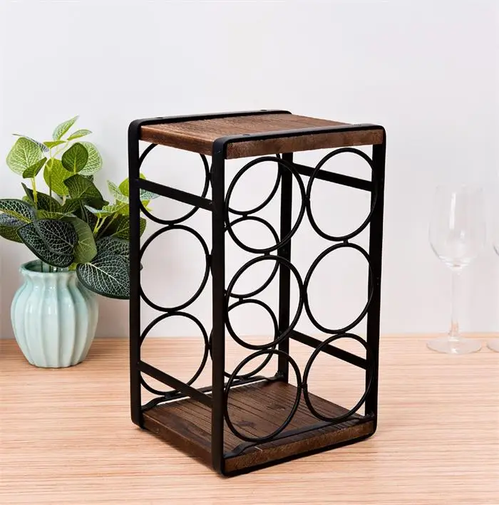 Wholesale Black Metal Wrought Iron Wood Countertop Wine Rack Six Bottle Wine Storage Racks
