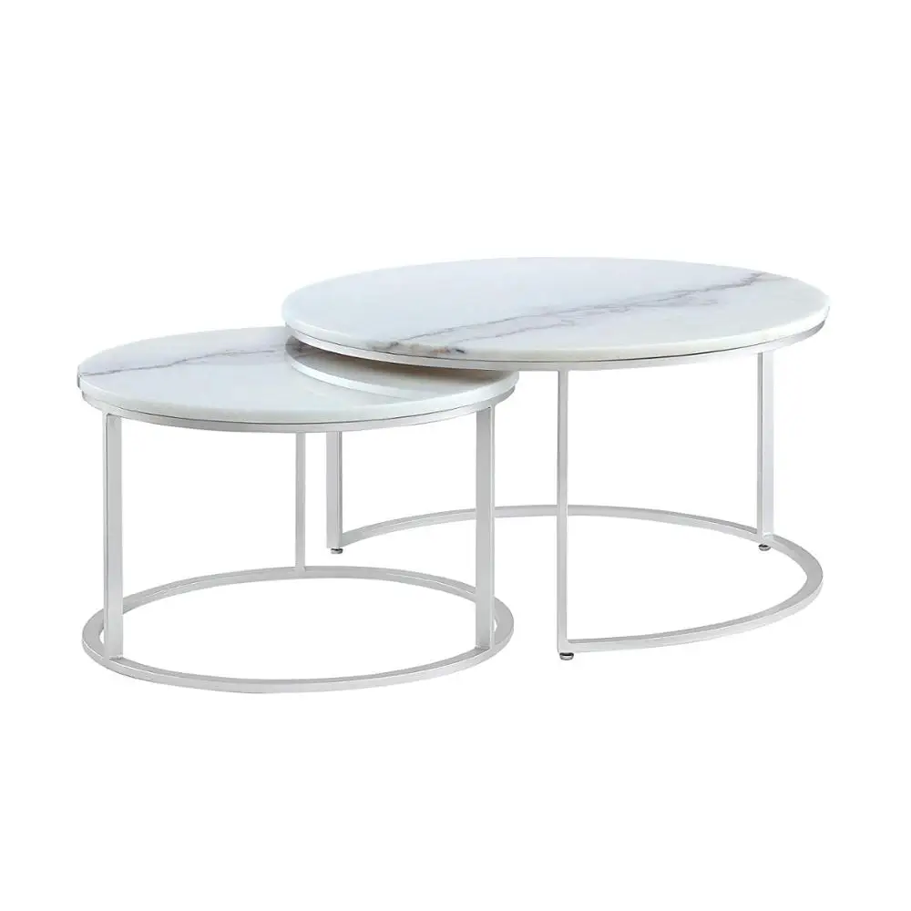Modern style 2 Round Tea Table Coffee Table Desk Sets | White - Twin Sets Multi Function Wood & Steel Living Room