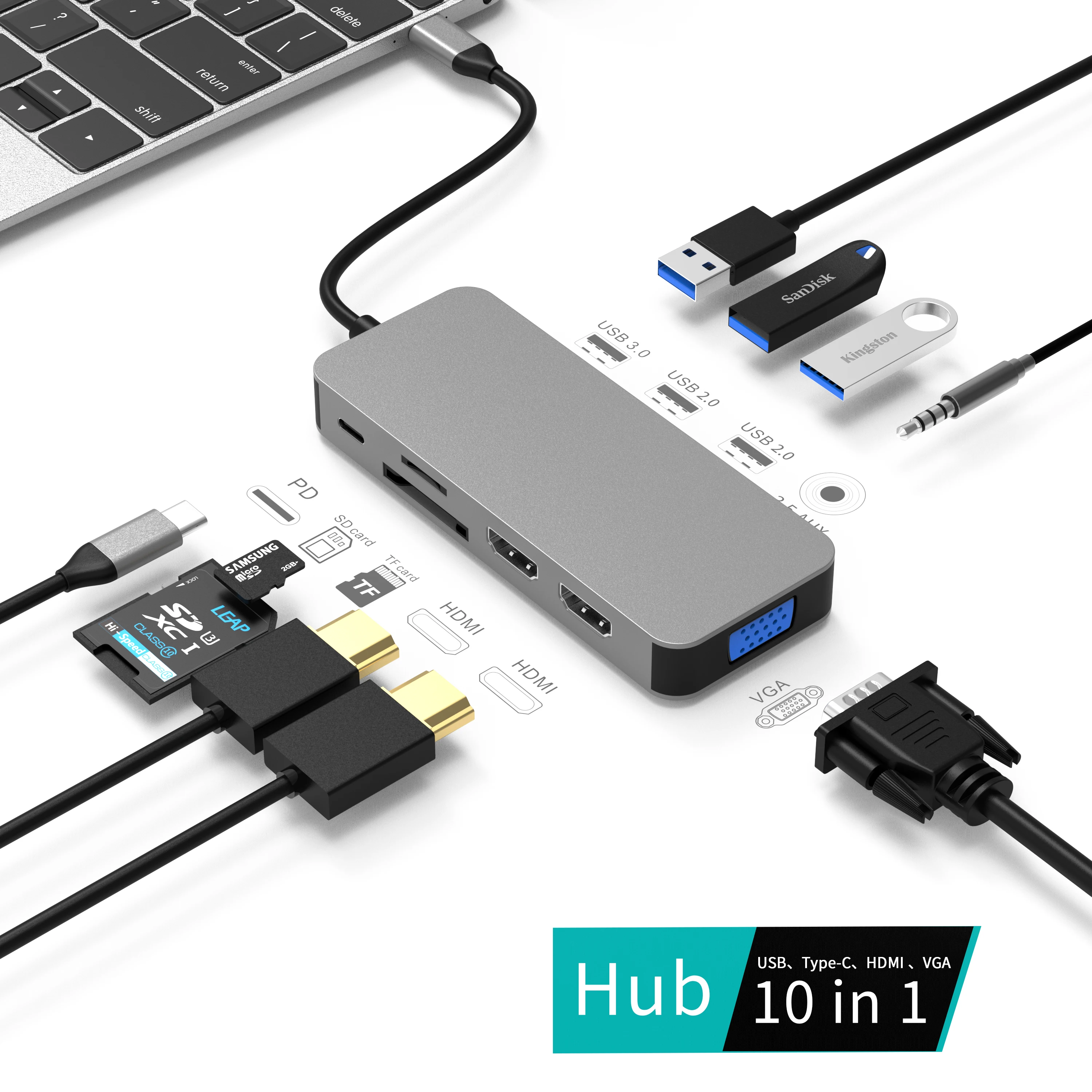 10 in 1 splitter usb c hub adapter for laptop and phone Dual 1080p HDMI VGA PD Charging 100w micro sd Multiports Hub