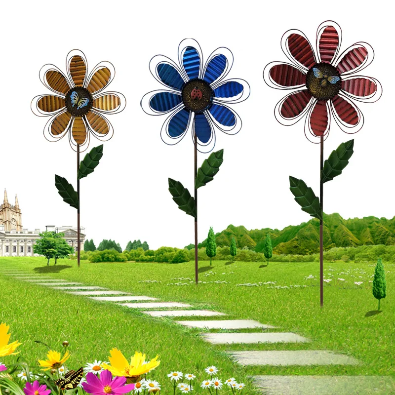 Flower With Insects Windmill Metal Rotating Flower Windmill With Stake Standing Lawn Flower Pinwheel Outdoor Garden Stakes Decor