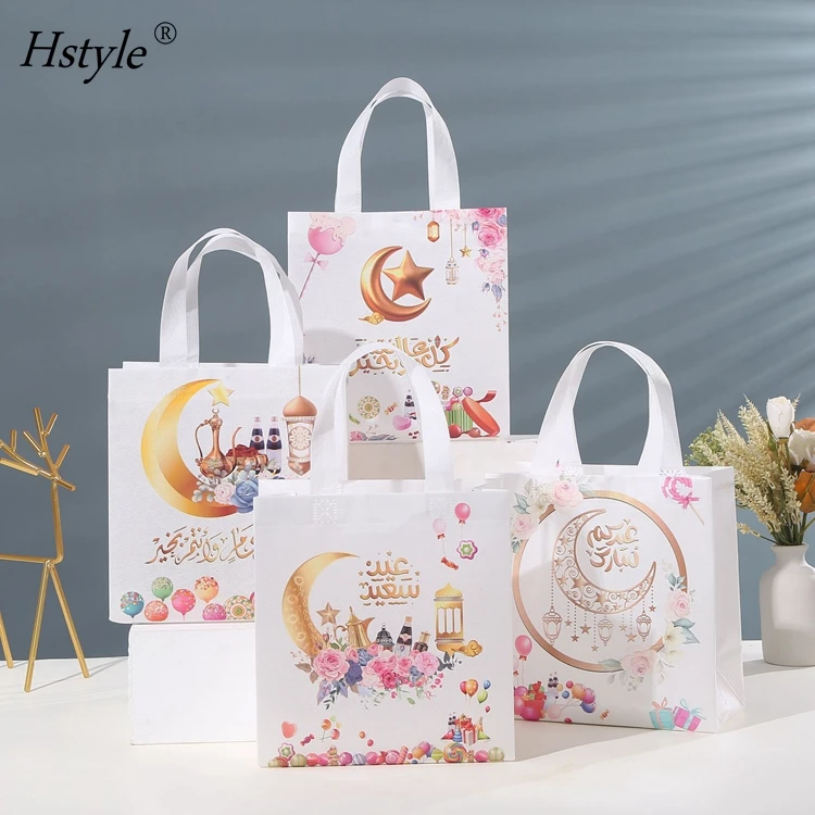 Muslim Festival Party Bags with Handles Non-Woven Gift Tote Bags Colorful Pattern Handbags for Eid Mubarak Ramadan Party HS1318