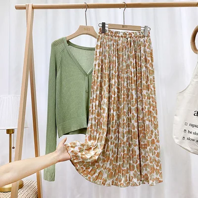 Pleated Floral Print Women Skirt High Waist Midi Summer Chiffon Dress New Lady Big Swing Lined Elegant Skirts