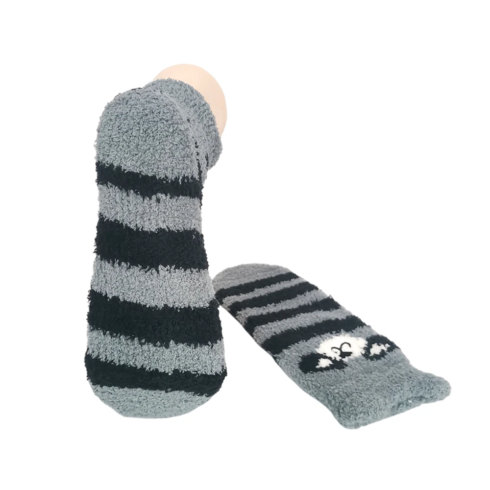Hot sell cute bear striped coral velvet fluffy fuzzy socks women winter warm animal Indoor Knitted  floor slipper socks
