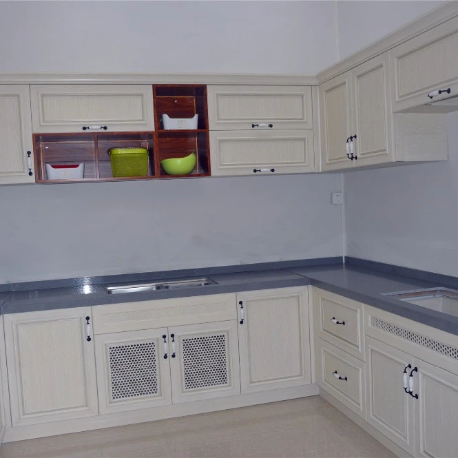 Modern aluminum kitchen cabinets with marble table