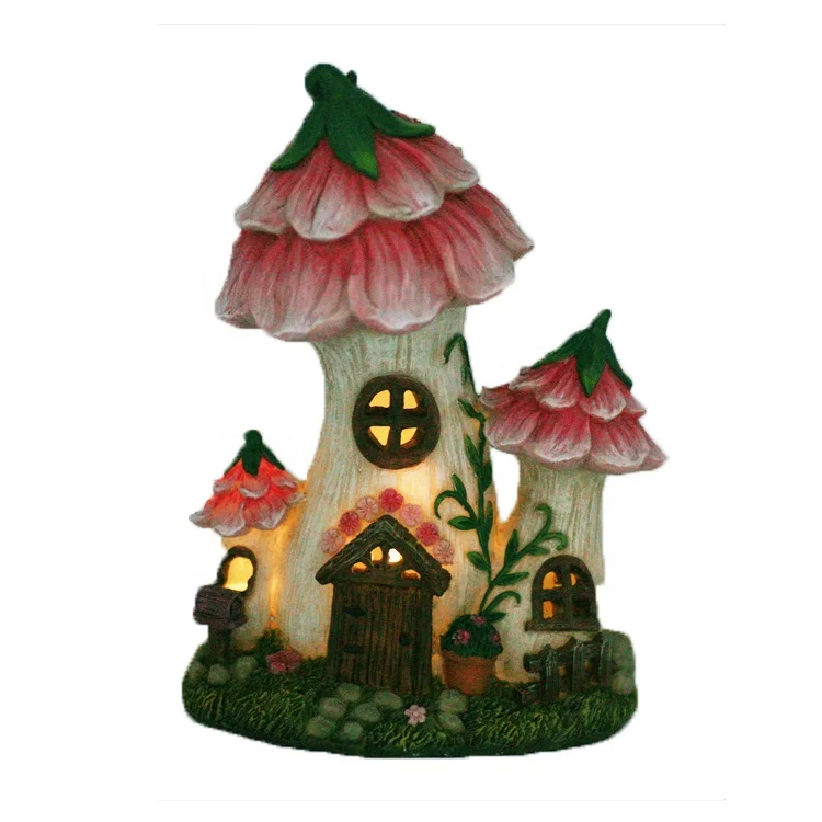 Polyresin Pink Mushroom House Miniature Garden Decoration
