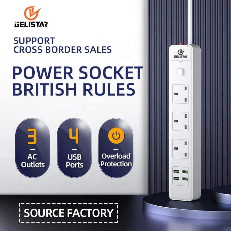 UK Standard Quick Charge Multi-way extension lead Surge Protector power strip with usb extension socket
