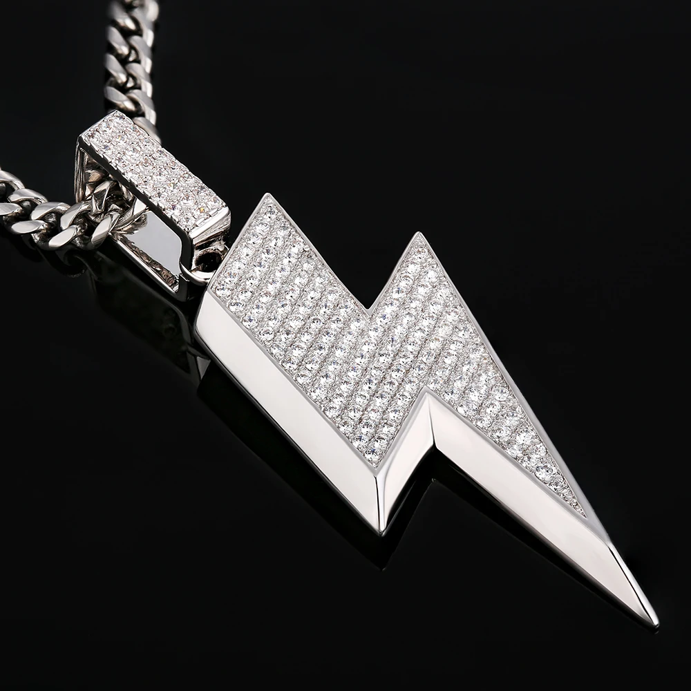 KRKC Hip Hop 18k Gold Plated Iced Out CZ Pendant Necklace Simulated Diamond Flash Thunder Bling Lightning Bolt Pendant