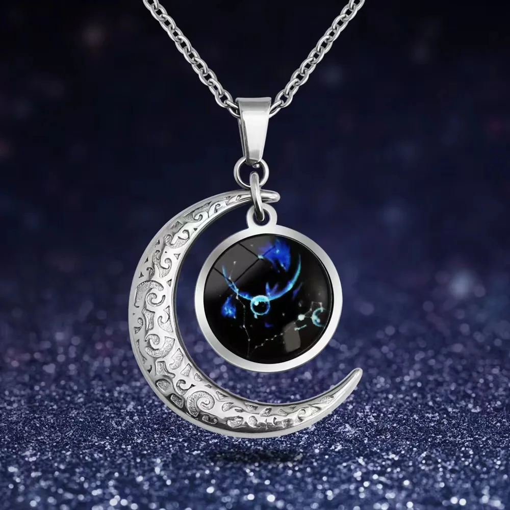 Fashion Style Twelve Constellations Luminous Glass Necklace Moon & Star Pendant for Party & Gift