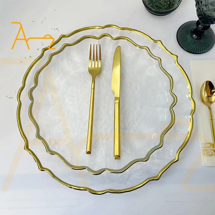 Luxury factory custom 12.6 inches wedding dishes set sunflower glass plate wholesale fancy clear gold rim charger plates
