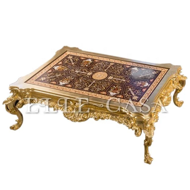 Home Indian Style Luxury Golden Solid Wood Hand Made Carvings Table Top Inlay Living Room Furniture Sofa Set Coffee Table