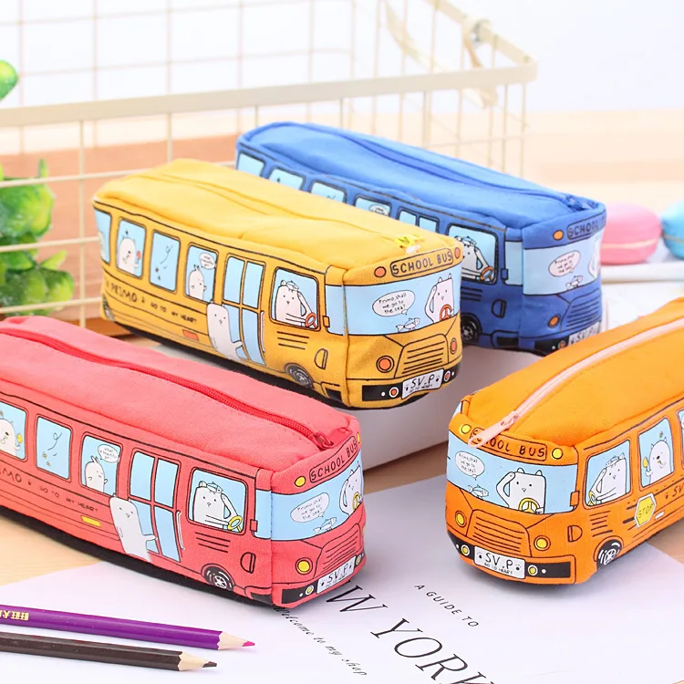 School Bus Pencil Cases Large Capacity Fabric Zipper Cartoon Printed Boy Bus Pencil Box,canvas for Girls Boys Pencil Bags 100pcs