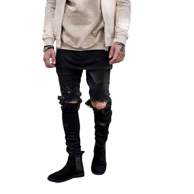 
Fashion Ripped Street Skinny Zipper Demin Trousers Worn Washed Men Skinny Jeans Ripped Cintura 