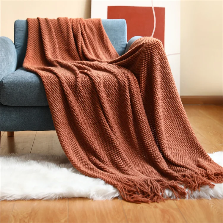 European Style Knitted Tassel Throw Blankets Sofa Blanket Super Soft Solid Color Waffle Blanket for Home Decor