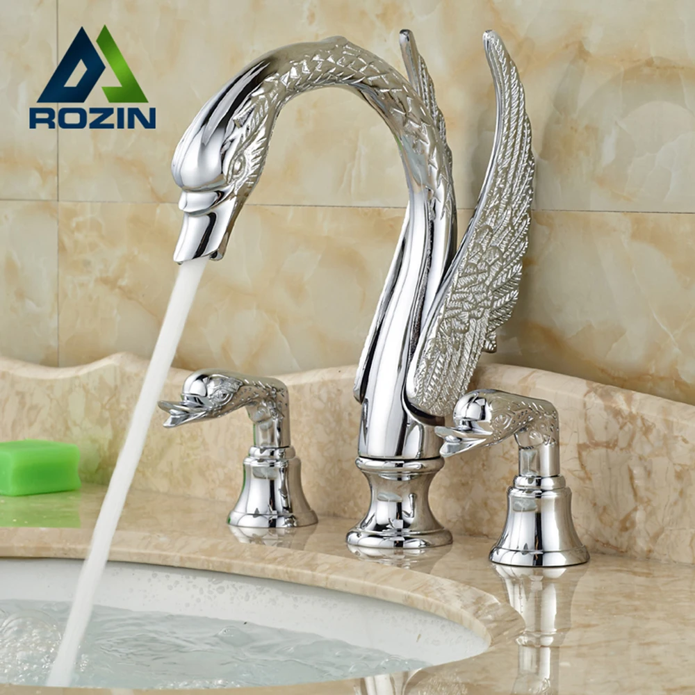  Роскошный смеситель для ванной комнаты Rozin Golden Swan умывальника набор из 3 смесителей с двойной ручкой и широким