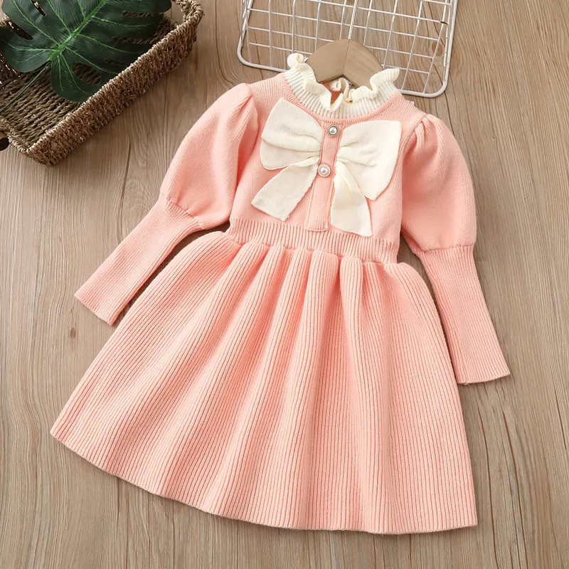winter wholesale kids clothing little girls sweater dress red long sleeve bow Korean design ruffles boutiques tz02