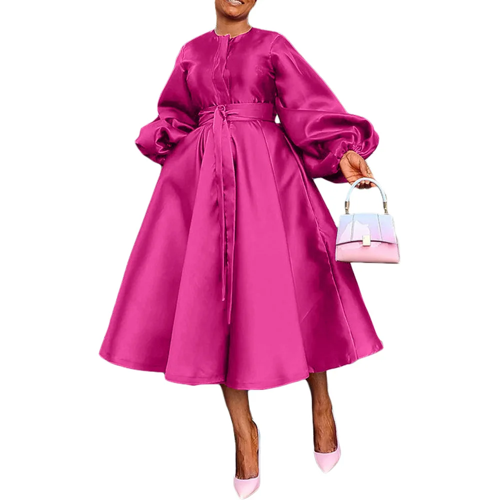 Women Satin Casual Fashion Lantern sleeve dress Belted Button A Line Long Dresses Flowy Maxi Dress