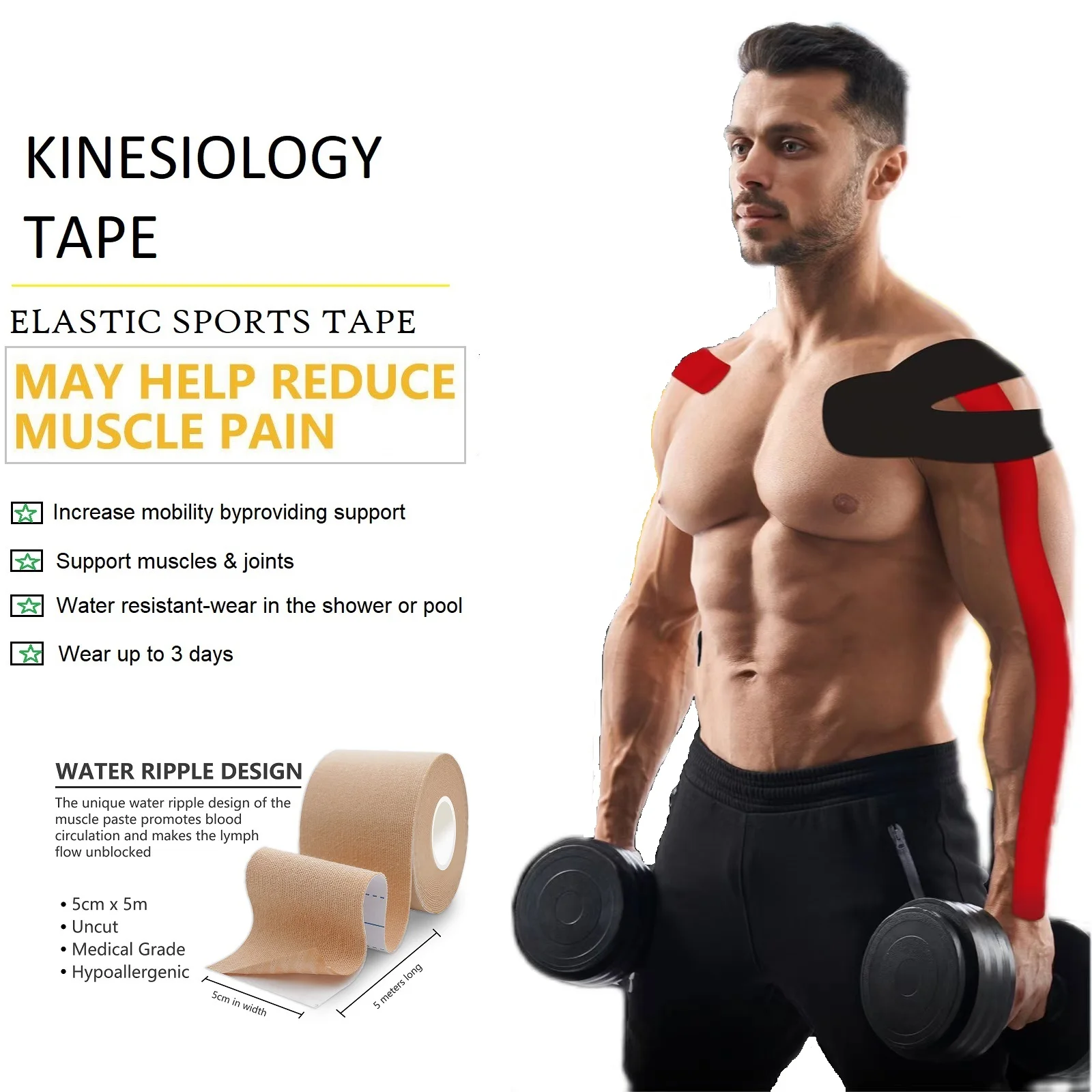 Big roll Water-proof Custom Logo Elastic Printed Packing Adhesive cloth sport Comfortable Breathable Kinesiology Tape