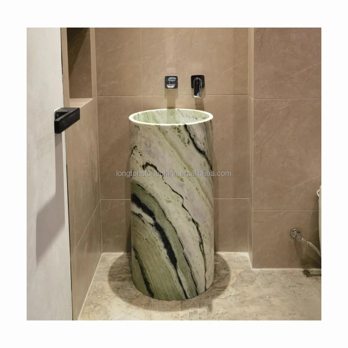 Luxury Shang Ri La Jade Onyx Marble Pedestal Sink Pedestal Wash Basin Cylinder Green Onyx Marble Bathroom Pedestal Sink