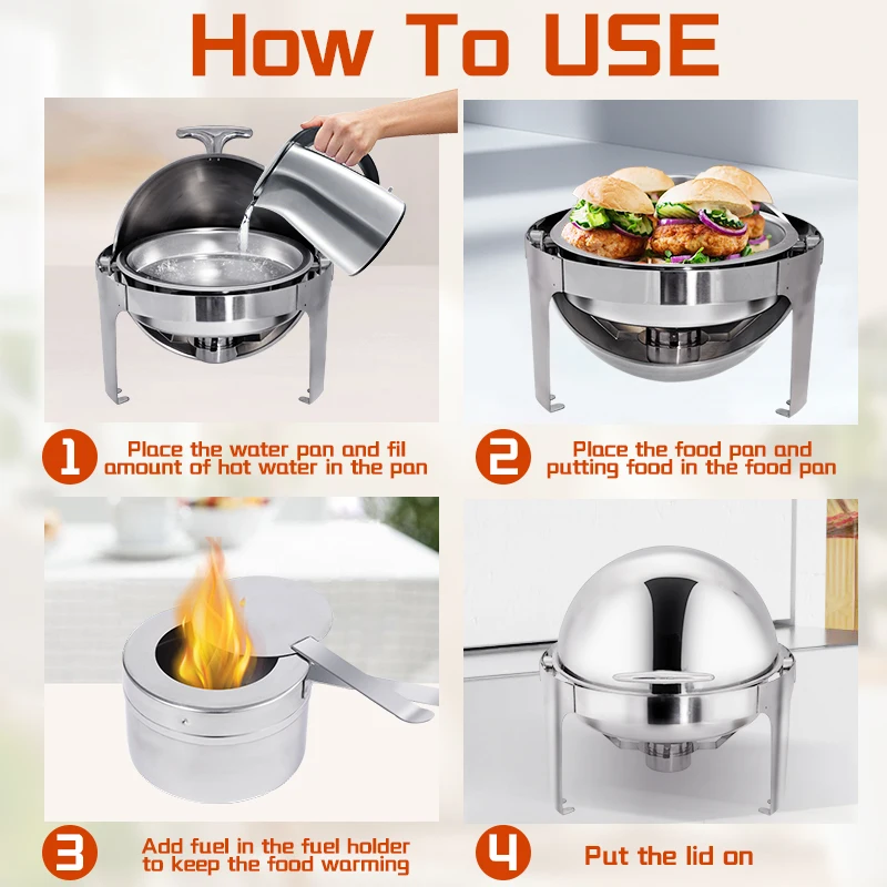 DaoSheng Party Catering Equipment Round Roll Top Luxury Fuel Buffet Set Serving Dish Chafer Dish Food Warmer Chafing Dishes