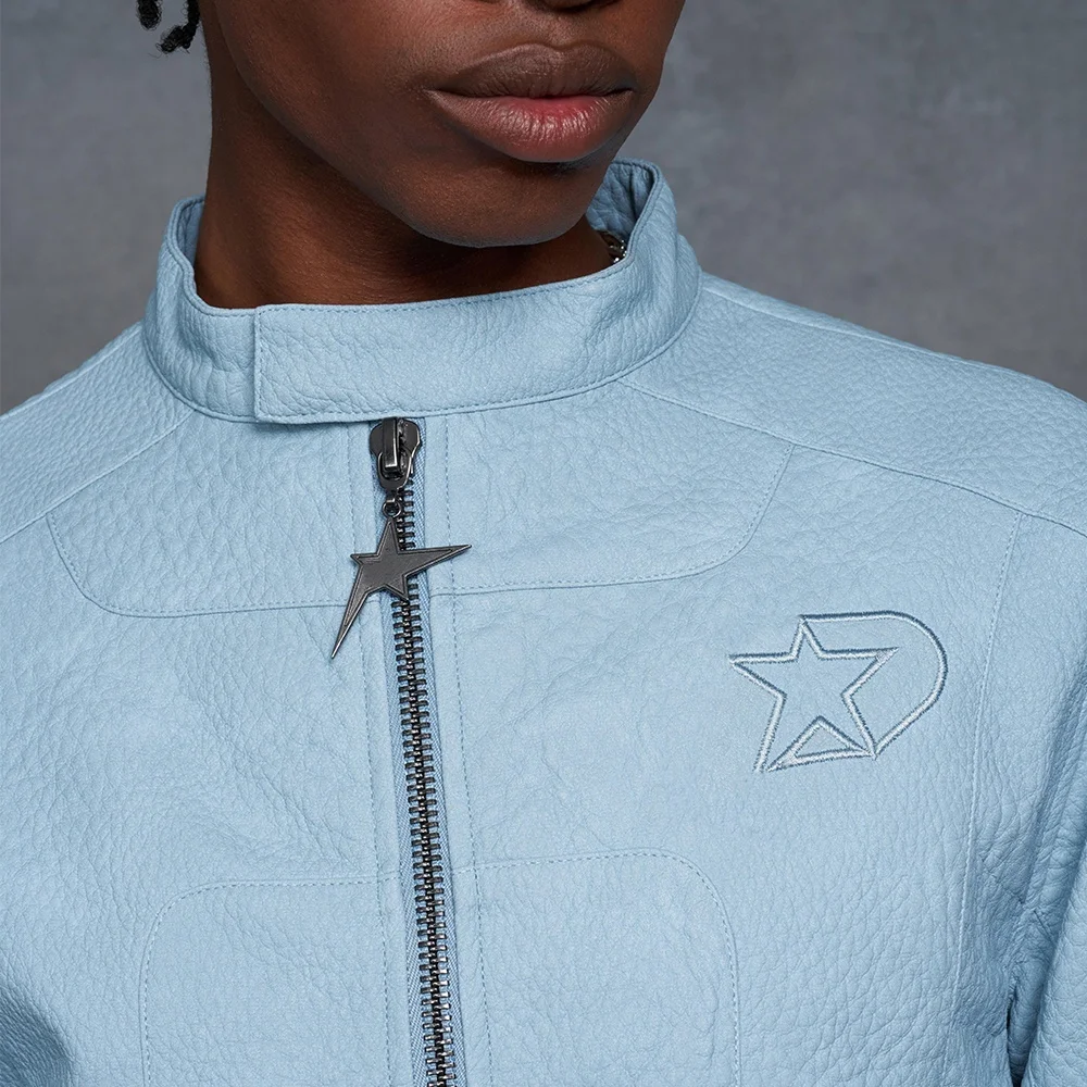 Custom Streetwear Racing Jacket Embroidery Patch High Texture Crop Pu Motorcycle Jacket Blue Boxy Zip Up Leather Jacket Men
